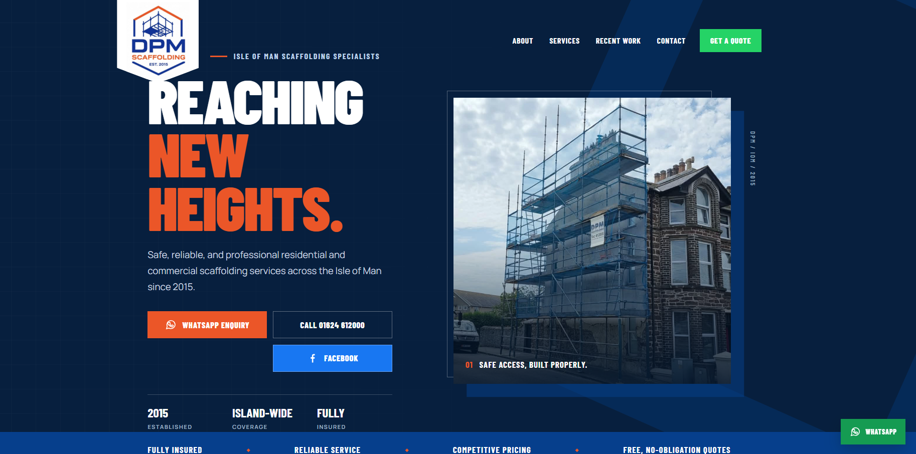 DPM Scaffolding website featuring its logo, Reaching New Heights headline, a scaffolded building, and clear contact buttons.